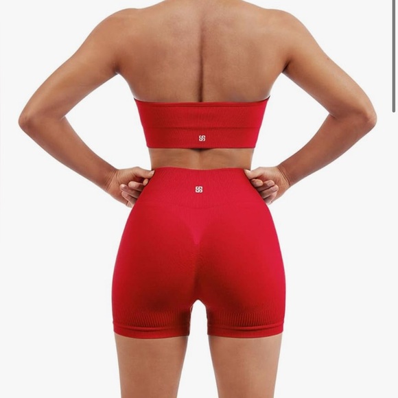 SUUKSESS Women Seamless Ribbed Workout Set Backless Sports Bra Booty Biker Short - Picture 1 of 3